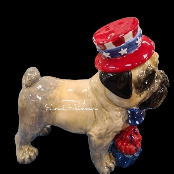 Patriotic Blue Sky PUG DOG July 4th Red White Blue Stars w Bow Tie & Cupcake New - Picture 4 of 11